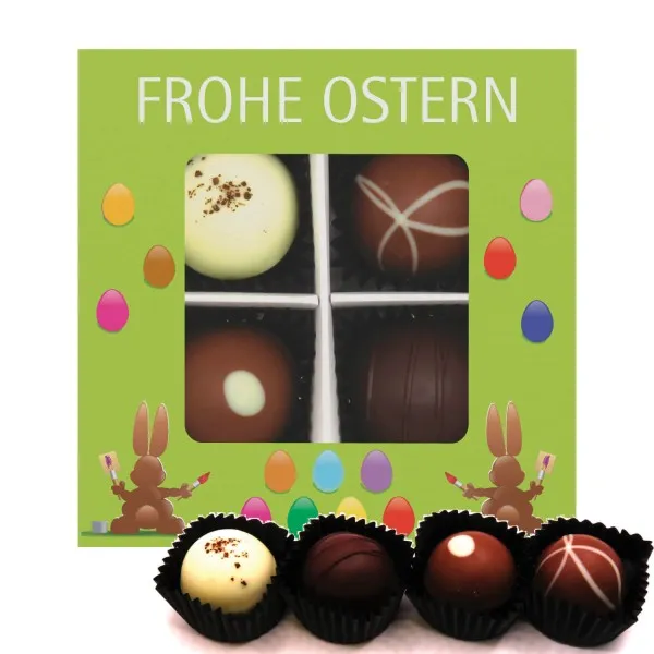 Frohe Ostern grün 4 (Pralinenbox) - Ostergeschenke für Osterkörbchen zu Ostern, Pralinen handmade teils mit Alkohol (48g)