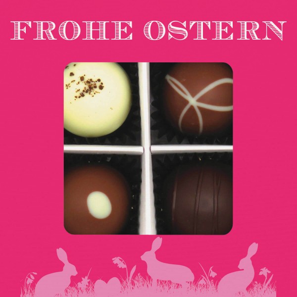 4er Pralinen-Mix handgemacht, mit/ohne Alkohol (48g) - Frohe Ostern pink (Pralinenbox)
