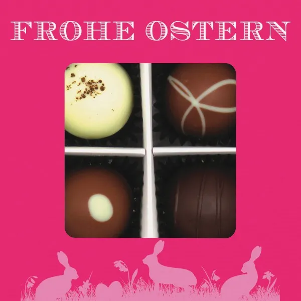 Frohe Ostern pink (Pralinenbox) - Ostergeschenke für Osterkörbchen zu Ostern, Pralinen handmade teils mit Alkohol (48g)