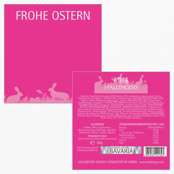 4er Pralinen-Mix handgemacht, mit/ohne Alkohol (48g) - Frohe Ostern pink (Pralinenbox)