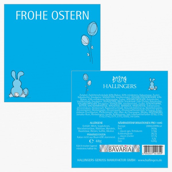 4er Pralinen-Mix handgemacht, mit/ohne Alkohol (48g) - Frohe Ostern blau (Pralinenbox)
