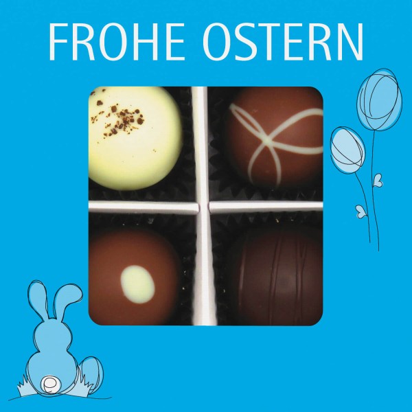 4er Pralinen-Mix handgemacht, mit/ohne Alkohol (48g) - Frohe Ostern blau (Pralinenbox)
