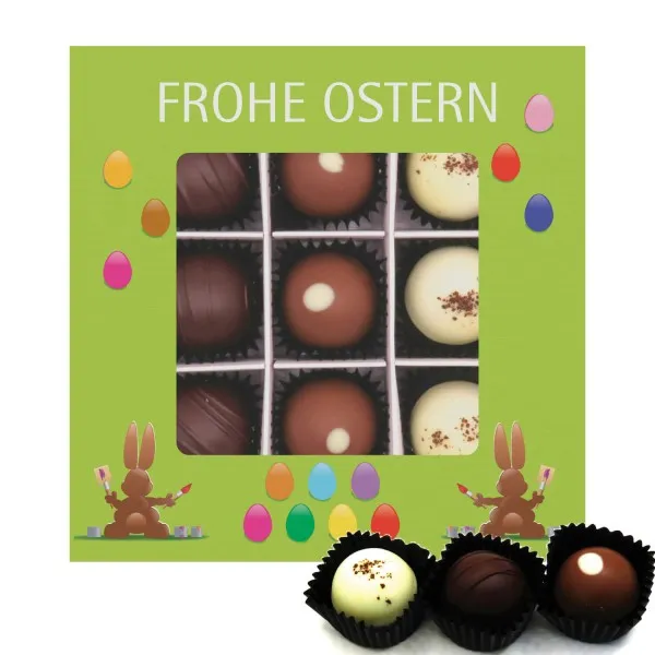 Frohe Ostern grün 9 (Pralinenbox) - Ostergeschenke für Osterkörbchen zu Ostern, Pralinen handmade teils mit Alkohol (108g)