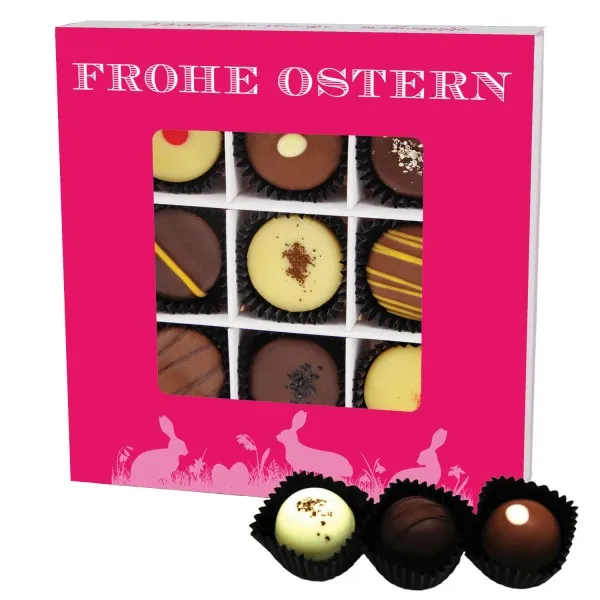 Frohe Ostern pink L (Pralinenbox) - Ostergeschenke für Osterkörbchen zu Ostern, Pralinen handmade teils mit Alkohol (108g)