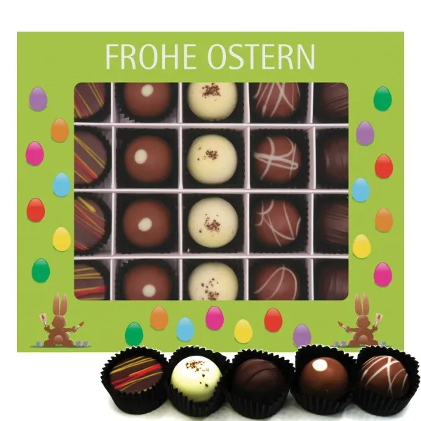 Frohe Ostern grün 20 (Pralinenbox) - Ostergeschenke für Osterkörbchen zu Ostern, Pralinen handmade teils mit Alkohol (240g)