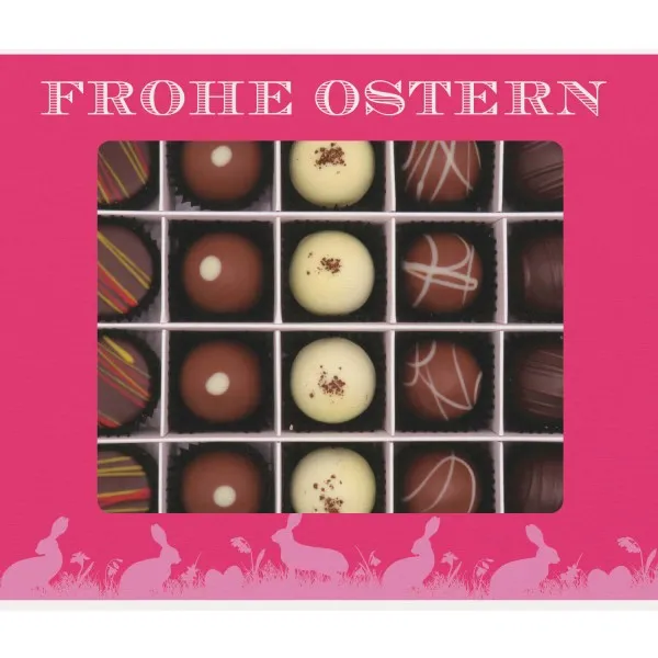 Frohe Ostern pink 20 (Pralinenbox) - Ostergeschenke für Osterkörbchen zu Ostern, Pralinen handmade teils mit Alkohol (240g)