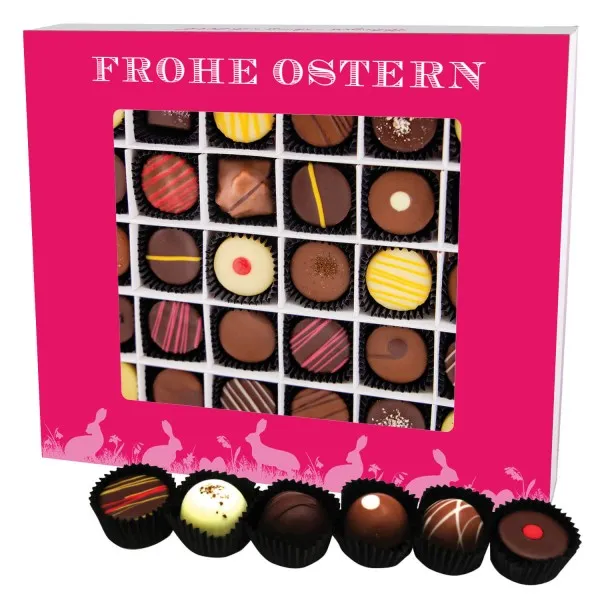 Frohe Ostern pink 30 (Pralinenbox) - Ostergeschenke für Osterkörbchen zu Ostern, Pralinen handmade teils mit Alkohol (360g)