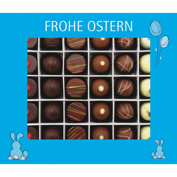 30er Pralinen-Mix handgemacht, mit/ohne Alkohol (360g) - Frohe Ostern blau (Pralinenbox)