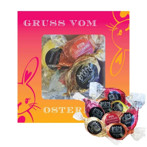 Gruß vom Osterhasen (Pralinenbox) - Ostergeschenke für Osterkörbchen zu Ostern, Pralinen Ostereier handmade teils mit Alkohol (68g)