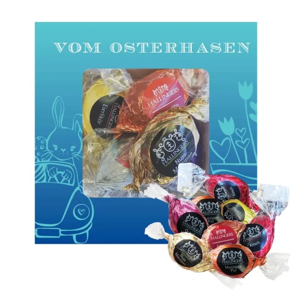 Vom Osterhasen (Pralinenbox) - Ostergeschenke für Osterkörbchen zu Ostern, Pralinen Ostereier handmade teils mit Alkohol (68g)