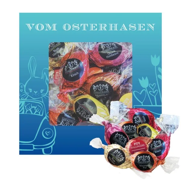 Vom Osterhasen L (Pralinenbox) - Ostergeschenke für Osterkörbchen zu Ostern, Pralinen Ostereier handmade teils mit Alkohol (136g)