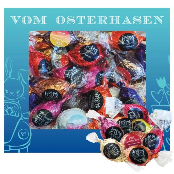 Vom Osterhasen XL (Pralinenbox) - Ostergeschenke für Osterkörbchen zu Ostern, Pralinen Ostereier handmade teils mit Alkohol (306g)