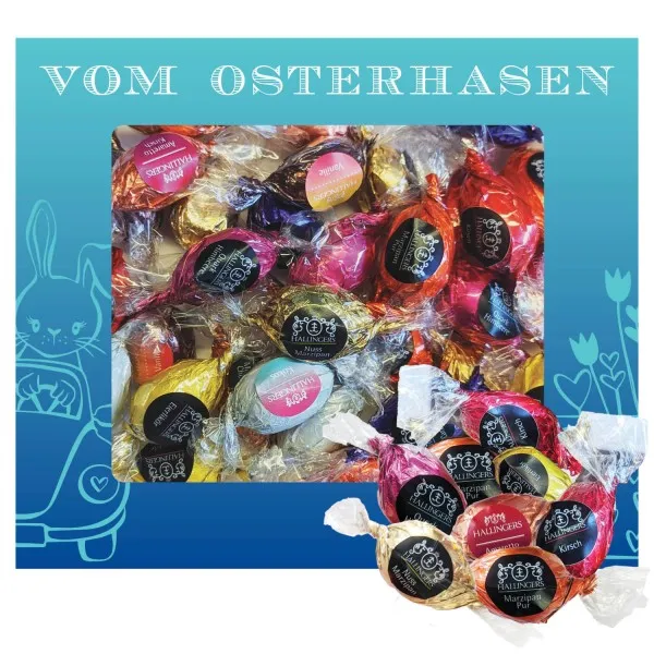 Vom Osterhasen XXL (Pralinenbox) - Ostergeschenke für Osterkörbchen zu Ostern, Pralinen Ostereier handmade teils mit Alkohol (442g)