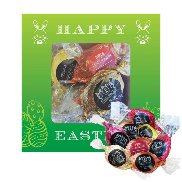Happy Easter (Pralinenbox) - Ostergeschenke für Osterkörbchen zu Ostern, Pralinen Ostereier handmade teils mit Alkohol (68g)