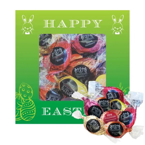 Happy Easter L (Pralinenbox) - Ostergeschenke für Osterkörbchen zu Ostern, Pralinen Ostereier handmade teils mit Alkohol (136g)