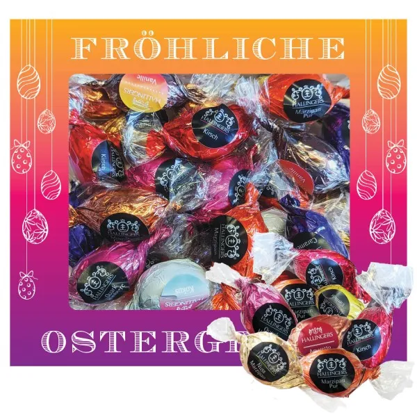 Fröhliche Ostergrüße XL (Pralinenbox) - Ostergeschenke für Osterkörbchen zu Ostern, Pralinen Ostereier handmade teils mit Alkohol (306g)