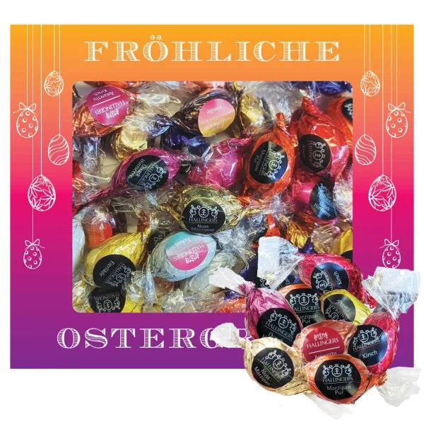 Fröhliche Ostergrüße XXL (Pralinenbox) - Ostergeschenke für Osterkörbchen zu Ostern, Pralinen Ostereier handmade teils mit Alkohol (442g)