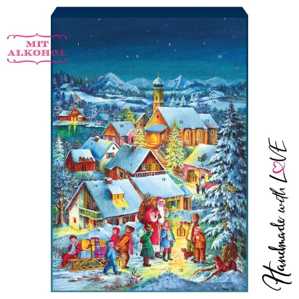 Bergdorf (Advents-Karton) - Adventskalender Pralinen Geschenk handmade teils mit Alkohol aus Edelkakao Schokolade (300g)