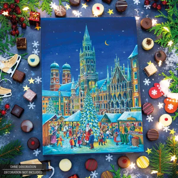 München (Advents-Karton) - Adventskalender Pralinen Geschenk handmade ohne Alkohol aus Edelkakao Schokolade (300g)