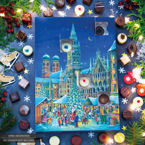 München (Advents-Karton) - Adventskalender Pralinen Geschenk handmade ohne Alkohol aus Edelkakao Schokolade (300g)