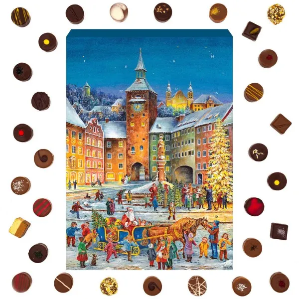 Romantische Weihnachten (Advents-Karton) - Adventskalender Pralinen Geschenk handmade ohne Alkohol aus Edelkakao Schokolade (300g)