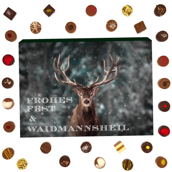 Waidmannsheil (Advents-Karton) - Adventskalender Pralinen Geschenk handmade ohne Alkohol aus Edelkakao Schokolade für Jäger (300g)