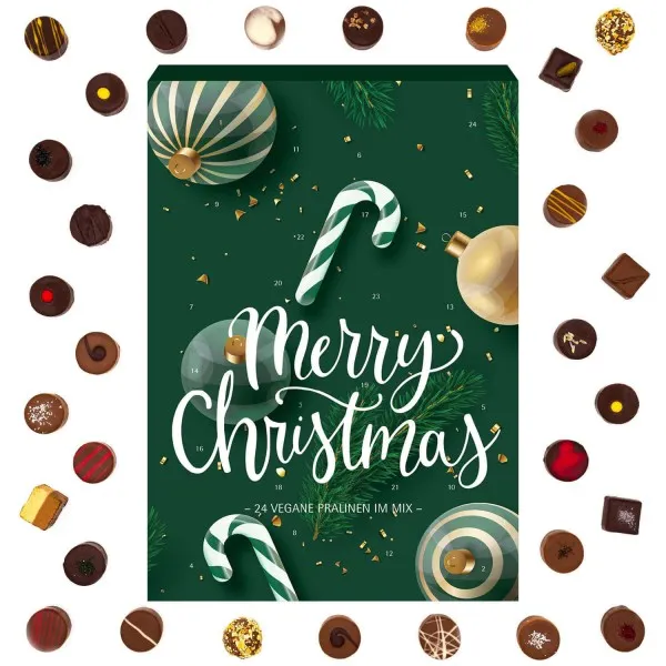 Merry Christmas (Advents-Karton) - Veganer Adventskalender Pralinen Geschenk handmade teils mit Alkohol aus Schokolade vegan (300g)