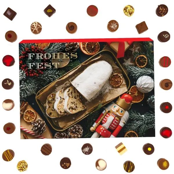 Stollen (Advents-Karton) - Veganer Adventskalender Pralinen Geschenk handmade teils mit Alkohol aus Schokolade vegan (300g)