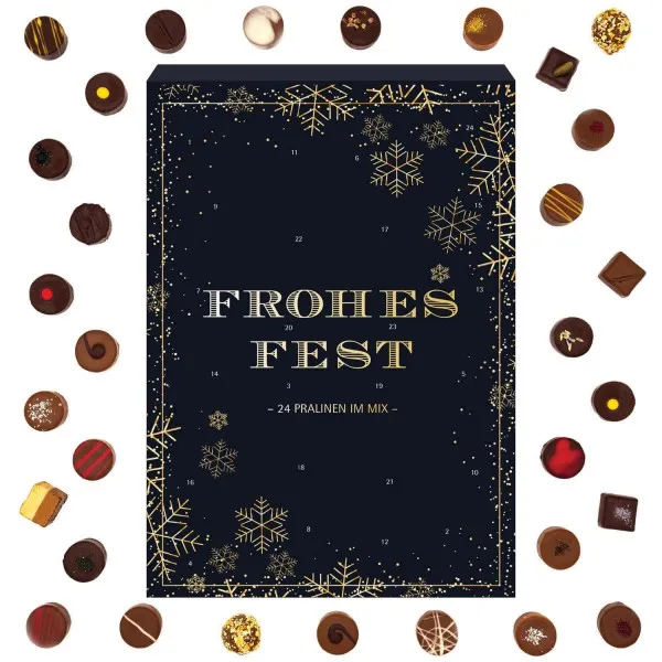Frohes Fest (Advents-Karton) - Adventskalender Pralinen Geschenk handmade teils mit Alkohol aus Edelkakao Schokolade (300g)