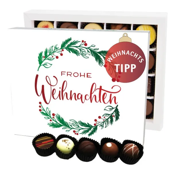 Frohe Weihnachten Kranz XL (Pralinenbox) - Manufaktur Pralinen Weihnachten Geschenk handmade ohne Alkohol aus Edelkakao Schokolade (240g)