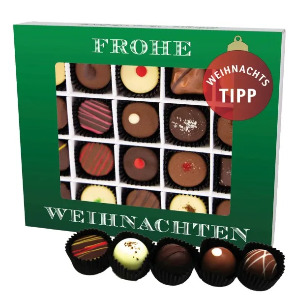 Frohe Weihnachten Grün XL (Pralinenbox) - Manufaktur Pralinen Weihnachten Geschenk handmade teils mit Alkohol aus Edelkakao Schokolade (240g)