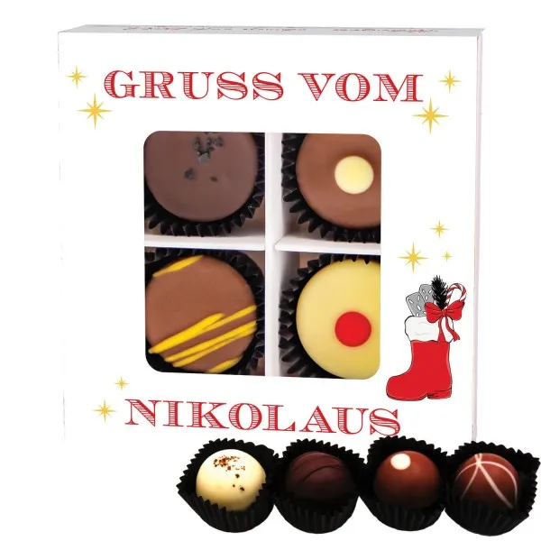 Gruß vom Nikolaus 4 (Pralinenbox) - Manufaktur Pralinen Weihnachten Geschenk handmade teils mit Alkohol aus Edelkakao Schokolade (48g)
