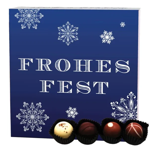 Frohes Fest Blau (Pralinenbox) - Manufaktur Pralinen Weihnachten Geschenk handmade ohne Alkohol aus Edelkakao Schokolade (48g)