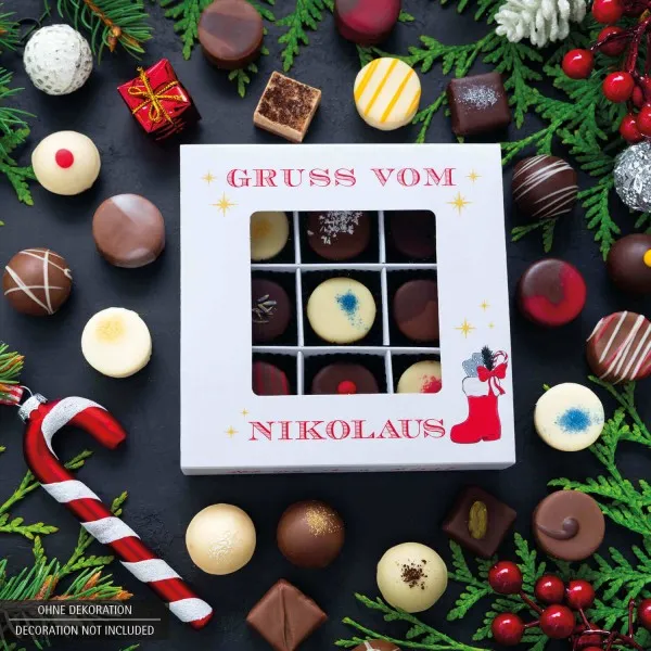 Gruß vom Nikolaus L (Pralinenbox) - Manufaktur Pralinen Weihnachten Geschenk handmade teils mit Alkohol aus Edelkakao Schokolade (108g)