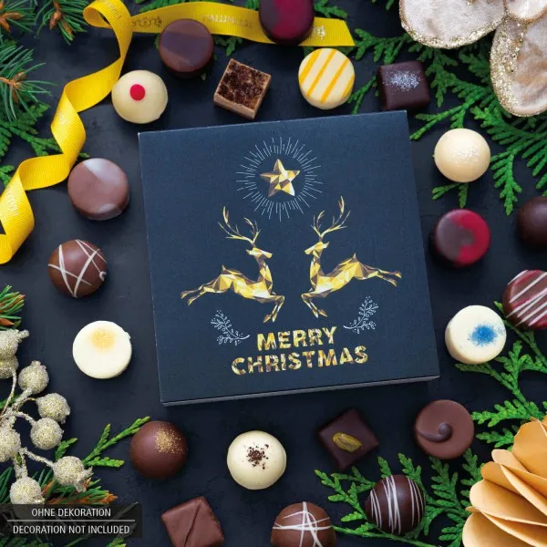 Merry Christmas Goldene Elche L (Pralinenbox) - Manufaktur Pralinen Weihnachten Geschenk handmade ohne Alkohol aus Edelkakao Schokolade (108g)