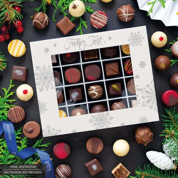 Frohes Fest Weiß 20 (Pralinenbox) - Manufaktur Pralinen Weihnachten Geschenk handmade teils mit Alkohol aus Edelkakao Schokolade (240g)