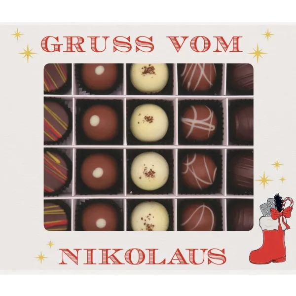 Gruß vom Nikolaus XL (Pralinenbox) - Manufaktur Pralinen Weihnachten Geschenk handmade teils mit Alkohol aus Edelkakao Schokolade (240g)