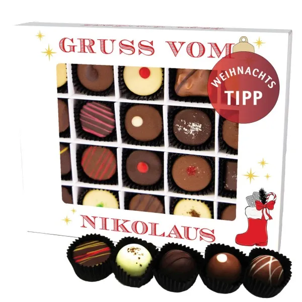 Gruß vom Nikolaus XL (Pralinenbox) - Manufaktur Pralinen Weihnachten Geschenk handmade teils mit Alkohol aus Edelkakao Schokolade (240g)