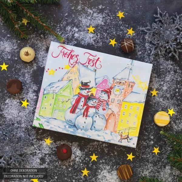 Frohes Fest Snowman Red XL (Pralinenbox) - Manufaktur Pralinen Weihnachten Geschenk handmade ohne Alkohol aus Edelkakao Schokolade (240g)