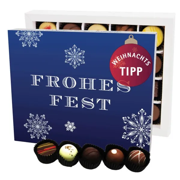 Frohes Fest Blau XL (Pralinenbox) - Manufaktur Pralinen Weihnachten Geschenk handmade ohne Alkohol aus Edelkakao Schokolade (240g)