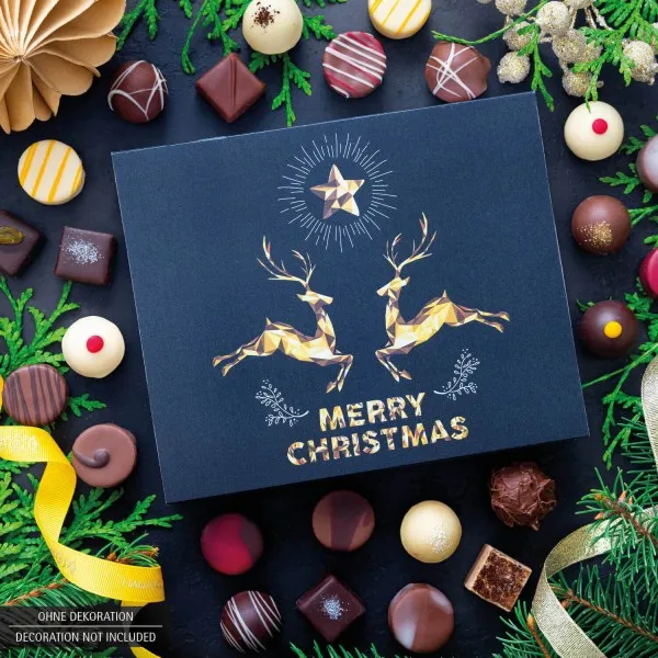 Merry Christmas Goldene Elche 20 (Pralinenbox) - Manufaktur Pralinen Weihnachten Geschenk handmade ohne Alkohol aus Edelkakao Schokolade (240g)
