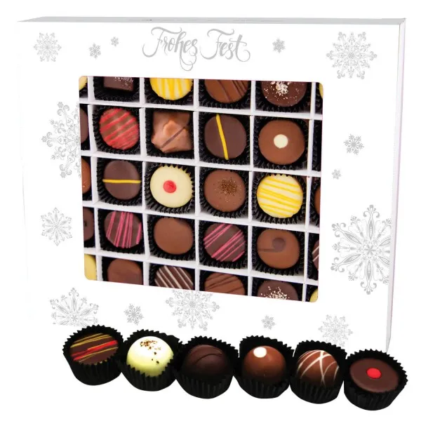 Frohes Fest Weiß 30 (Pralinenbox) - Manufaktur Pralinen Weihnachten Geschenk handmade teils mit Alkohol aus Edelkakao Schokolade (360g)
