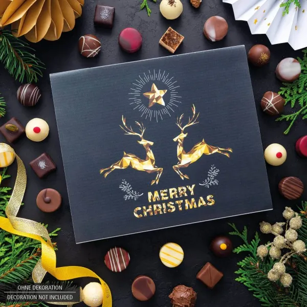 Merry Christmas Goldene Elche XXL (Pralinenbox) - Manufaktur Pralinen Weihnachten Geschenk handmade ohne Alkohol aus Edelkakao Schokolade (360g)