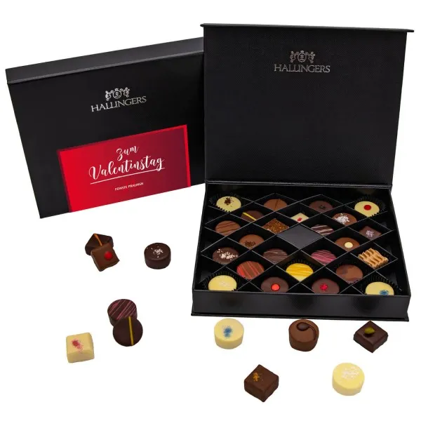 Zum Valentinstag (FirstClass-Box) - 24 Manufaktur Pralinen Geschenk edle FirstClass handmade ohne Alkohol aus Edelkakao Schokolade (300g)