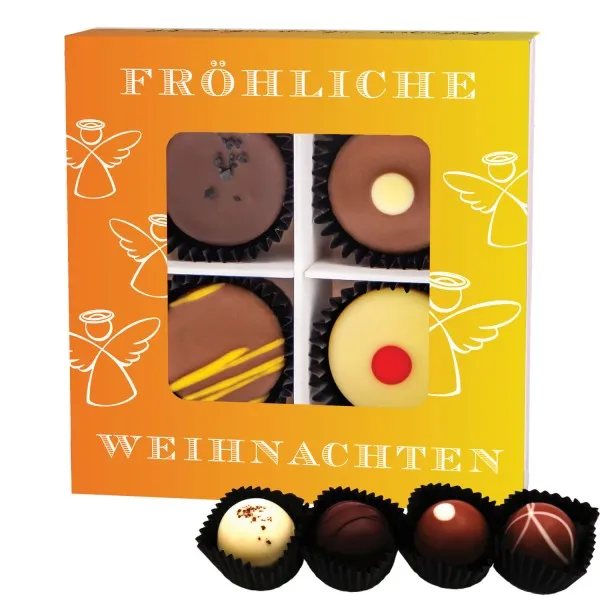 Fröhliche Weihnachten (Pralinenbox) - Manufaktur Pralinen Weihnachten Geschenk handmade teils mit Alkohol aus Edelkakao Schokolade (48g)