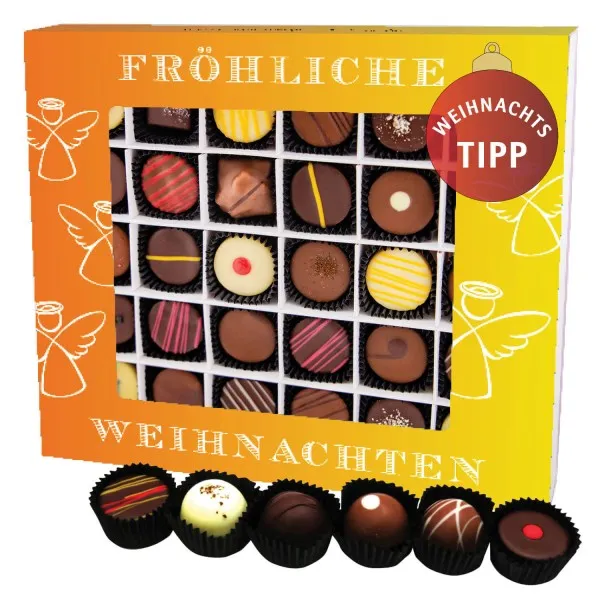 Fröhliche Weihnachten XXL (Pralinenbox) - Manufaktur Pralinen Weihnachten Geschenk handmade teils mit Alkohol aus Edelkakao Schokolade (360g)