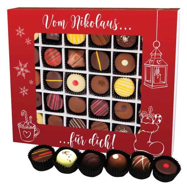 Vom Nikolaus für Dich XXL (Pralinenbox) - Manufaktur Pralinen Weihnachten Geschenk handmade teils mit Alkohol aus Edelkakao Schokolade (360g)