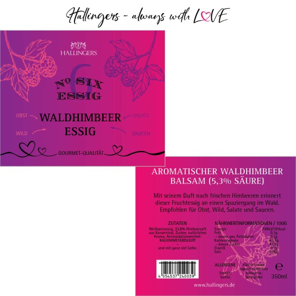 Gourmet-Essig No. 6 (350ml) - Aromatischer Wald-Himbeer-Balsam (5,3% Säure) (Exklusivflasche)