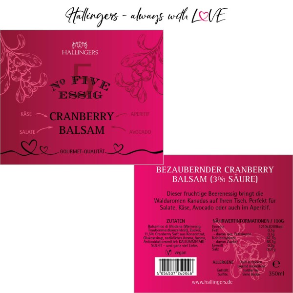 Gourmet-Essig No. 5 (350ml) - Bezaubernder Cranberry-Balsam (3% Säure) (Exklusivflasche)