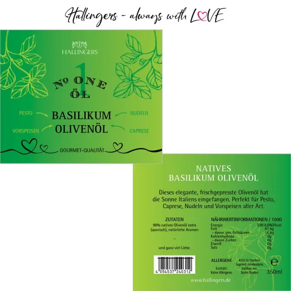 Natives Basilikum Olivenöl (Exklusivflasche) - Premium Speise-Öl No. 1 (350ml)